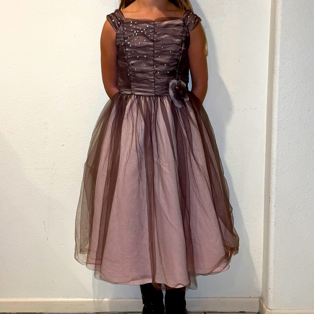 Us Angels Girls pink and brown tulle dress